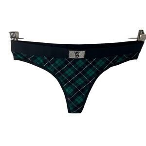 Victoria's Secret Green Thong Panty Cotton Plaid Rhinestone Logo Size Large NEW